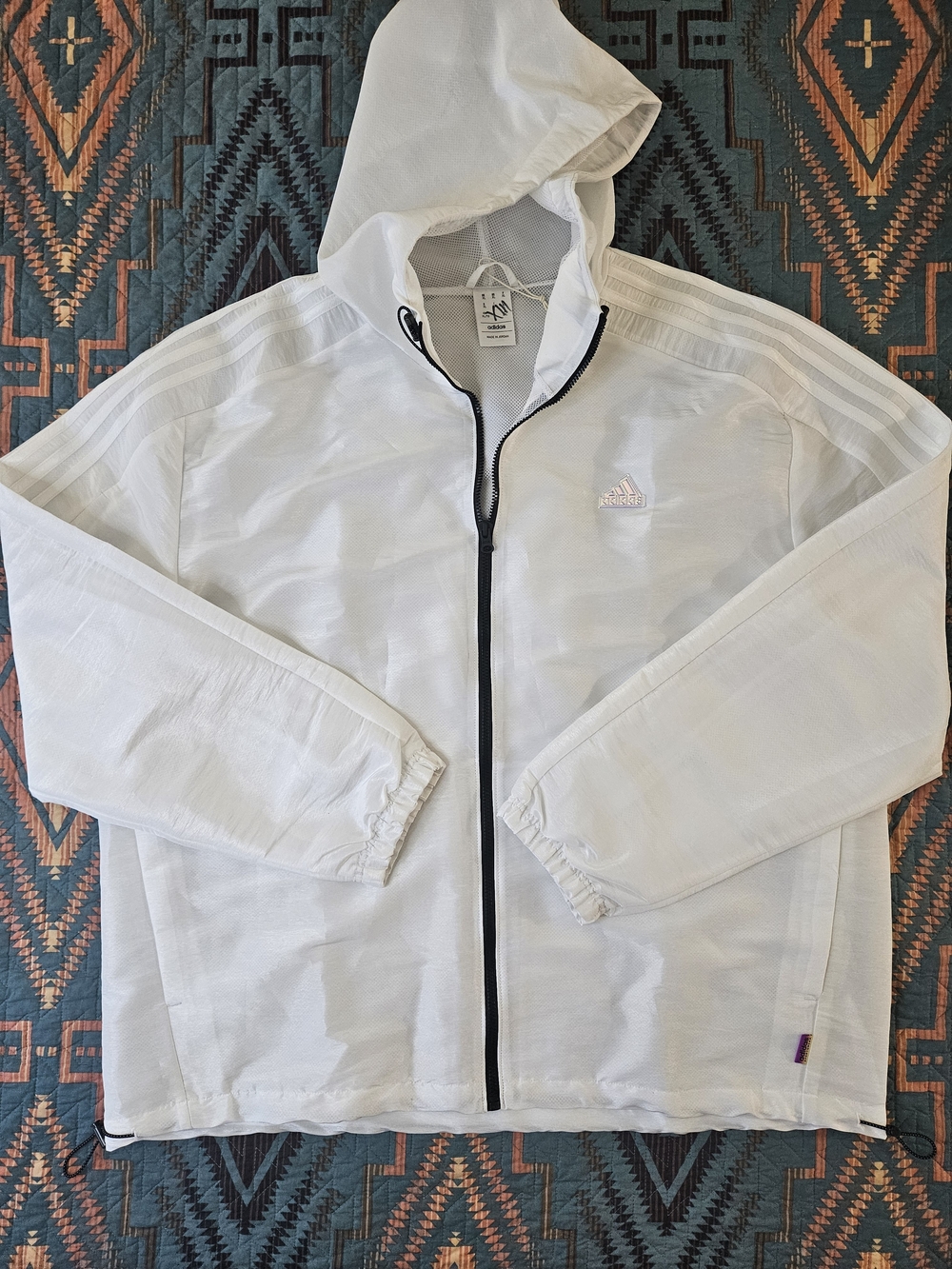 adidas White Hooded Windbreaker with White Mesh Lining.‎ #1362
